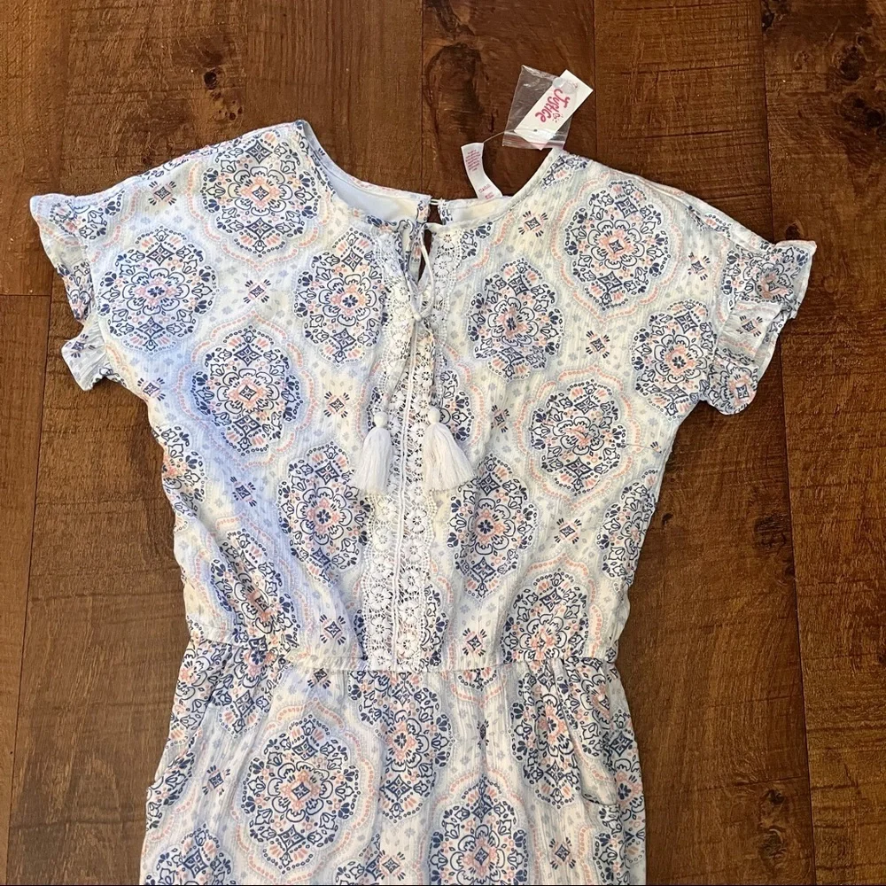NWT justice girls one piece romper elastic waist tassels Sz 16 blue white
